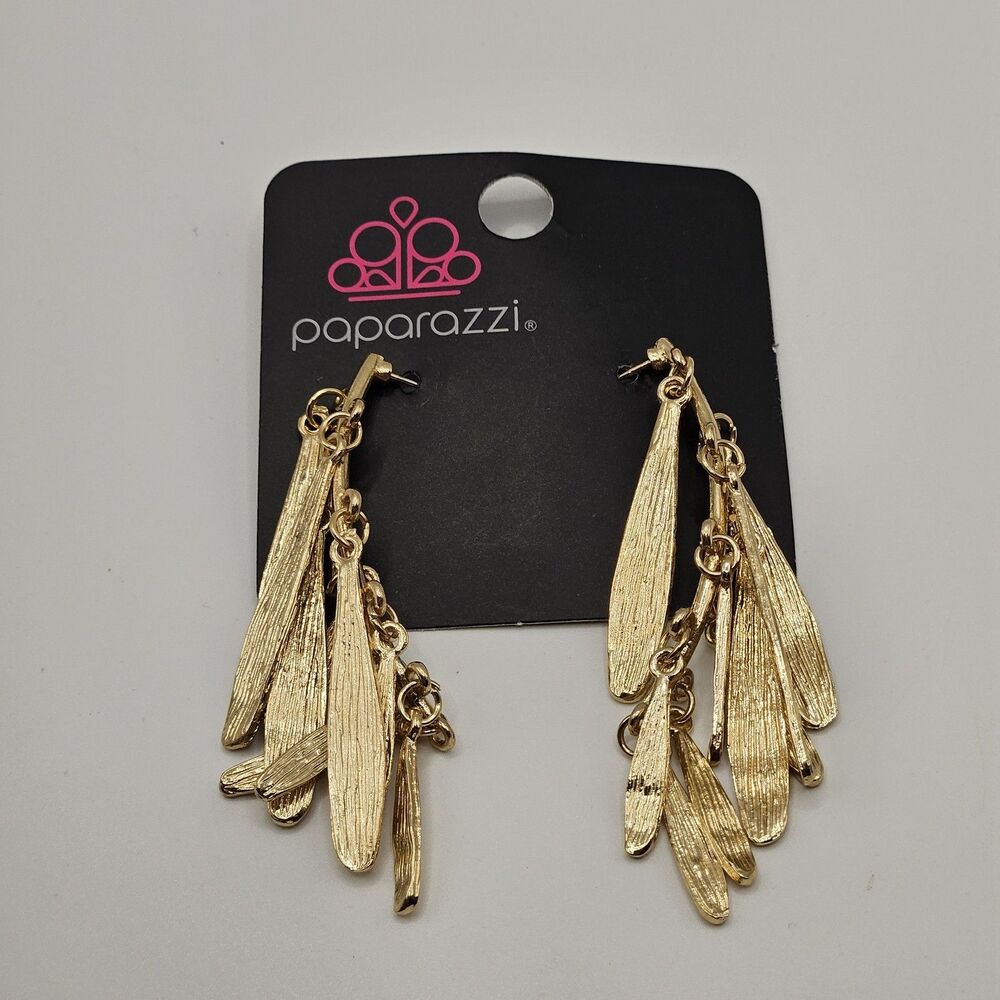 Paparazzi Gold Tone Leaf Dangle Earrings Textured Cluster Drop Boho NWT